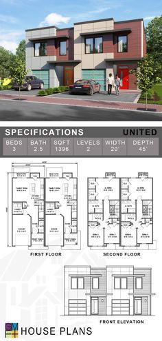 The inspiration for the name of our United model plan comes from the "The Liberty Song," written in 1768 …”join hand in hand, brave Americans all, by uniting we stand, by dividing we fall.” This plan provides two contemporary townhouse units, identical layouts on each side with a single-car garage and three bedrooms on the second floor. The total width of each unit is 20’0”, and with a modification request, we could provide plans for additional attached units, comprising groups of up to seven. Townhouse Plans Layout, Townhouse Designs Plan, 4 Unit Apartment Building Plans, Residential Complex Site Plan, Apartment Complex Layout, Duplex Villa Plan, Modern Townhouse Designs, Luxury Penthouse Apartment Floor Plans, Townhome Floor Plan