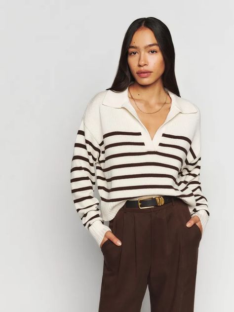 Reformation Francesco Cotton Polo Sweater | Bethesda Row Polo Sweater Outfit, Polo Outfit, Boyfriend Sweater, Straight Crop Jeans, Polo Sweater, Cotton Pullover, Collar Sweater, Pullover Designs, Cotton Polo