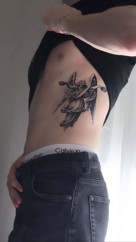 Fine Line Tattoos Men, Padayon Tattoo, Rib Tattoos Men, Ribcage Tattoo Men, Ribs Tattoo Men, The Fallen Angel Tattoo, Icarus Tattoos, Mens Rib Tattoo, Quad Tattoo For Men