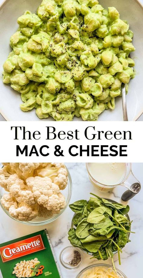 This fun and tasty green mac and cheese will be a hit with the whole family! Mac And Cheese Recipe Veggie, Spinach Cauliflower Mac And Cheese, Green Macaroni And Cheese, Blw Mac And Cheese, Healthy Mac And Cheese For Kids, Green Mac N Cheese, Healthy Max And Cheese, Blw Lunch Ideas 1 Year, Mac And Cheese With Vegetables