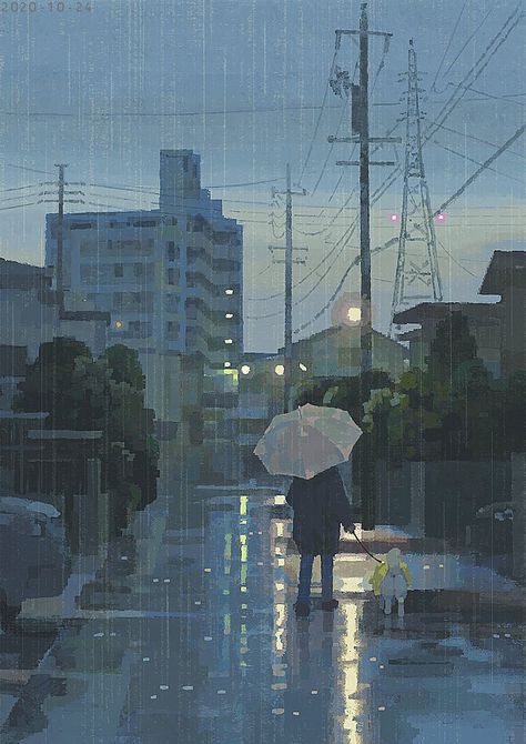 Junkuma Art, Rainy City Wallpaper, How To Draw Rain, Rainy Art, Emilia Core, Rain Drawing, Rain Illustration, Rainy Street, Bg Design