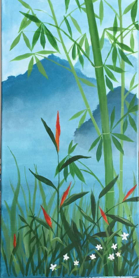 Bamboo and Flowers Bamboo Mural, Bamboo Art Painting, Wall Painting Flowers, Painting Bamboo, Bamboo Painting, Painting 101, Zen Painting, Painted Bamboo, Lucky Symbols