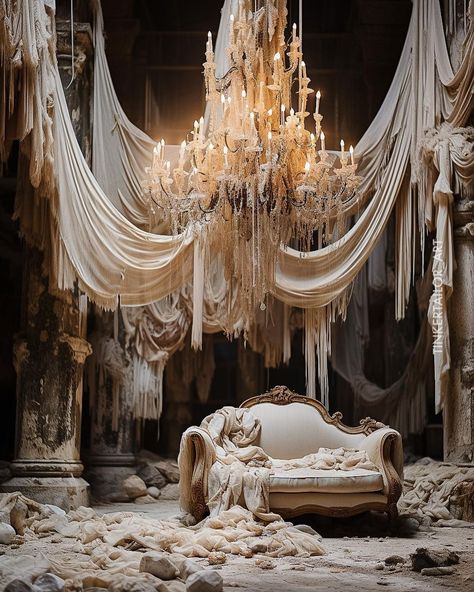 Whimsical Set Design, Draping Bedroom, Chandelier Photoshoot, Set Stage Design, Draped Chandelier, Chandelier Aesthetic, Unconventional Christmas Trees, Floating Christmas Tree, Chandelier Decorations