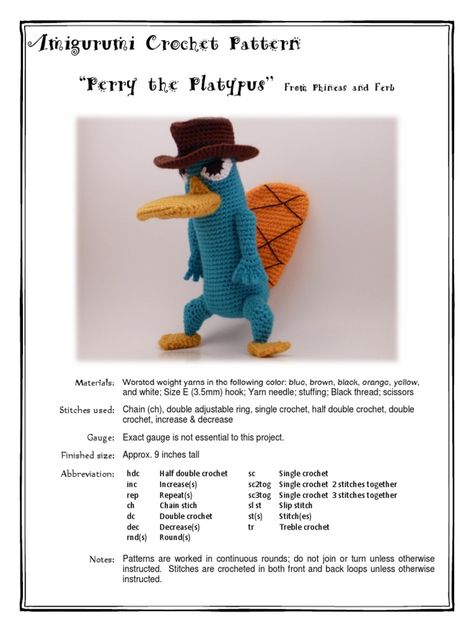 Perry The Platypus Sewing Pattern, Perry The Platypus Amigurumi, Phineas And Ferb Crochet, Crochet Perry The Platypus Pattern, Platypus Crochet Pattern Free, Perry The Platypus Crochet Pattern, Perry The Platypus Crochet, Tea Cosy Crochet Pattern, Perry Platypus