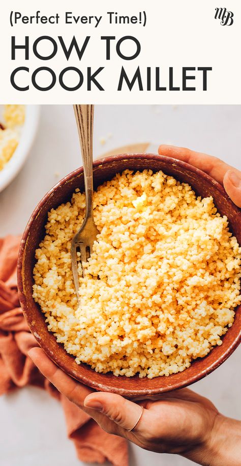 We're sharing our BEST tips on how to cook fluffy, super tender MILLET! If you haven't tried this gluten-free grain before, it's a nutty, versatile nutrient powerhouse that's delicious in stir fries, bowls, salads, cakes, and more. Our EASY stovetop method makes it ready in just 30 MINUTES! How To Cook Millet, Fluffy Cinnamon Rolls, Millet Recipes, Minimalist Baker, Gluten Free Grains, Healthy Food Motivation, Cooking Guide, Gluten Free Breakfasts, Stir Fries