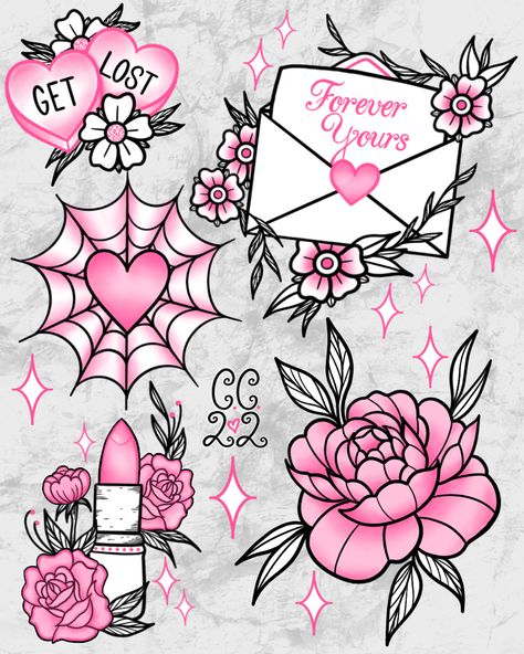 Pink Valentines Day Tattoo Flash Digital Themes For Tattoos, Sweet Tart Tattoo, Get What You Get Tattoo Flash, The Craft Tattoo, Mode Gyaru, 27 Tattoo, Petit Tattoo, Artistic Ideas, Makeup Tattoo