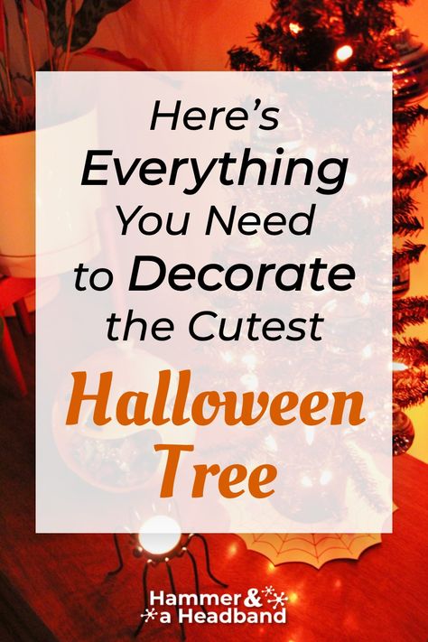 Here's everything you need to decorate the cutest Halloween tree. Halloween trees are like Christmas trees, but decorated with fall colors and dressed up for the spookiest of holidays. Think pumpkin string lights and witch hat tree toppers. Find out how to decorate a Halloween tree and get a bonus set of free printable mini tree skirts! #halloweentree #halloweendecorations #homedecor Witch Tree Halloween, Halloween Tree Skirt Diy, Halloween Trees Ideas, Diy Halloween Tree, Halloween Tree Decorations, Hat Tree, Pencil Trees, Halloween Front Porch Decor, Twig Tree