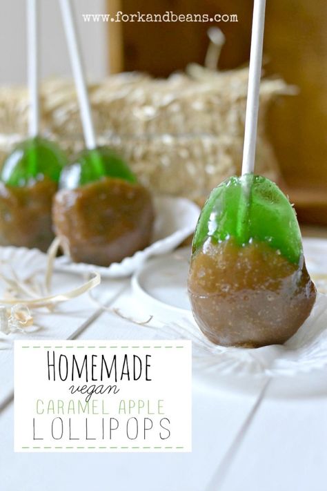 Caramel Apple Lollipops Carmel Apple Lollipops, Apple Lollipops, Caramel Apple Lollipops, Vegan Caramel Apple, Apple Pops, Candy Caramel, Vegan Candy, Caramel Apples Homemade, Vegan Halloween