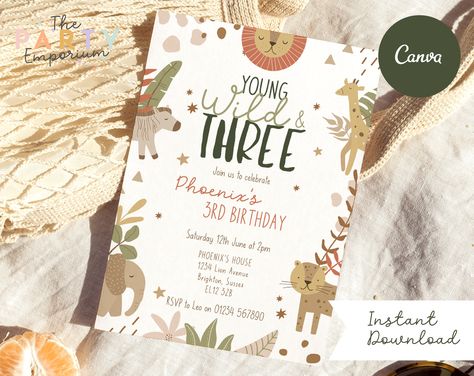 Safari Young Wild & Three 3rd Birthday Invitation for Jungle and Animal Parties, Safari Birthday Decorations Printable Instant Download by ThePartyEmporiumCo on Etsy Safari Birthday Decorations, Two Wild, Safari Birthday Party, 2nd Birthday Invitations, Safari Jungle, Safari Birthday, Safari Party, Photo Banner, Birthday Numbers