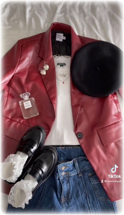 French Red Outfit, Red French Outfit, Agatha Jeans Outfit, Chanel Red Outfit, Red Jacket Leather Outfit, Red Chanel Outfit, Red Tops Aesthetic, Messy Aesthetic Outfit, Red Old Money Outfits