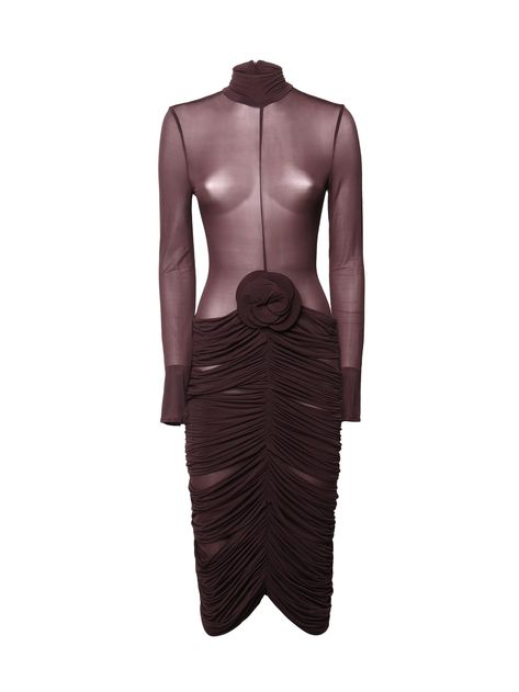 -Midi dress -Sheer turtleneck at top -Ruched jersey midi skirt at bottom -Large rose applied at the front -Regular fit -Colour: BurgundyComposition: 92% Cupro, 8% Elastane Sheer Turtleneck, High Neck Midi Dress, Zimmermann Dress, Magda Butrym, Pleats Please Issey Miyake, Sheer Dress, Yoga Wear, Skirt Suit, Luxury Women