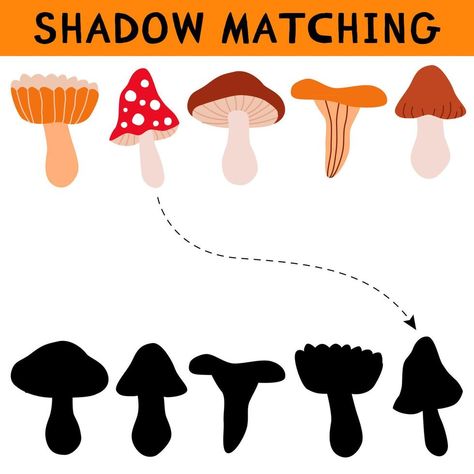 Mushrooms Activities For Kids, Mushroom Activities For Kids, Cute Mushrooms, Shadow Matching, Educational Games For Kids, Matching Activity, Game For Kids, Vector Cartoon, Educational Games