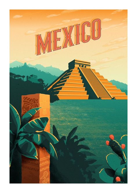 Mexico Vintage Poster, Mexico Poster Design, Country Poster Design, Mexico Wall Art, Vector Travel Poster, Vacation Poster Design, Mexico Illustration, Mexico Travel Poster, Mexico Postcard