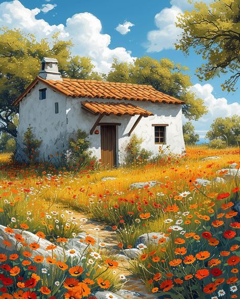 Spanish Cottage, Beautiful Paintings Of Nature, Apple Blossom Flower, Abstract Art Projects, Field Of Wildflowers, Countryside Paintings, Pop Art Canvas, Soyut Sanat Tabloları, Amazing Paintings