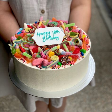 It's not too late to make this week sweet . . . how about a candy crush cake 🍭🍬🌈🎈 Sweetie Cakes Birthday, Cake Decorated With Sweets, Sweet Themed Cake, Sweet Cakes Birthday Kids, Sweets Birthday Cake, Gummy Worm Cake, Fun Cakes For Kids, Candy Topped Cake, Candy Decorated Cake