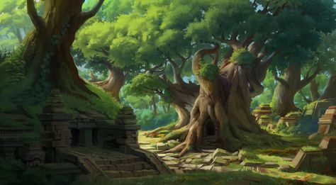 ArtStation - Old temple in the forest, yeonji Rhee Old Temple, Jungle Art, Forest Illustration, Landscape Concept, Fantasy Forest, Fantasy Setting, Fantasy Places, Environment Art, Big Tree