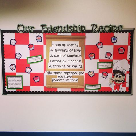 Friendship recipe display. What makes a good friend? Reception. Eyfs. Friends Eyfs Activities, Friendship Classroom Door, Recipe Display Ideas Hand Written, Friendship Eyfs, Friendship Display, Recipe Display Ideas, What Makes A Good Friend, Recipe Display, Self Defense For Women