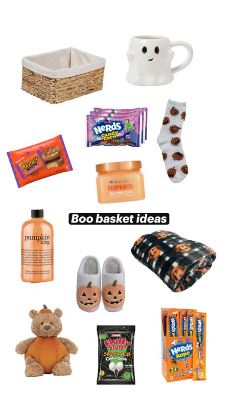 Halloween boo basket ideas Boo Basket Ideas For Girlfriend, Boo Basket Ideas For Best Friend, Halloween Boo Basket Ideas, Halloween Boo Basket, Boo Basket Ideas, Nerds Rope, Halloween Sleepover, Making A Gift Basket, Fall Gift Baskets