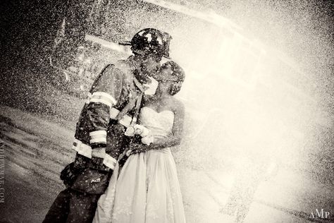 Firefighter and Bride, they are getting soaked haha!! <3 Firefighter Wedding Photos, Firefighter Engagement Pictures, Firefighter Couple, Fireman Wedding, Firefighter Engagement, Firefighter Wedding, Firefighter Gear, Firefighter Love, Photography Pics