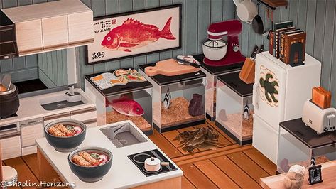 20 Kitchen Design Ideas For Animal Crossing: New Horizons – FandomSpot Animal Crossing Fish, Blue Tile Floor, Japanese Town, Quirky Kitchen, Fishing Room, Acnh Ideas, Fish House, Kitchen Images, Animal Crossing Pocket Camp