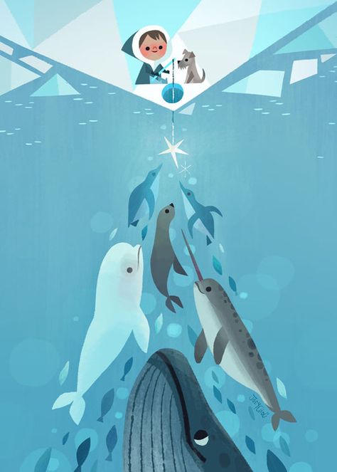 working on my holiday card for this year (2013) - Joey Chou Joey Chou, Ice Painting, Swimming In The Ocean, A Whale, Holiday Illustrations, In The Ocean, Childrens Illustrations, Children's Book Illustration, Pics Art