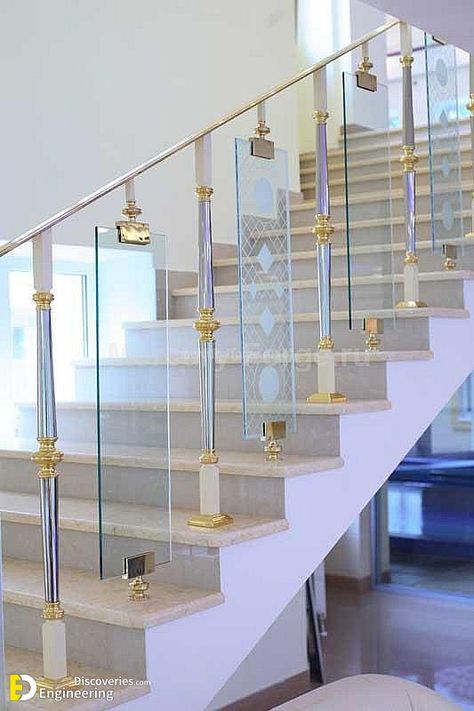 Amazing Glass Grill Stair Designs For Your Home | Engineering Discoveries Stair Railing Ideas Glass And Steel, Relling For Home Steel, Relling For Stairs, Stairs Relling Design Steel, Staircase Glass Design, Glass Stairs Design, Stairs Tiles Design, Reling Design, درابزين السلم