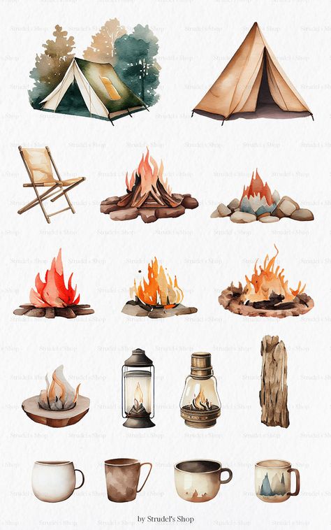 Camping Scrapbook Ideas, Outdoor Adventure Aesthetic, Camp Illustration, Camping Watercolor, Cute Digital Stickers, Camping Png, Architecture Drawing Sketchbooks, Preppy Stickers, Free Vintage Printables