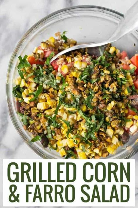 Grilled Corn and Farro Salad! The PERFECT salad for potlucks, picnics and get-togethers! Grilled corn, farro, tomatoes, basil with a delicious dressing. Vegan. #corn #grilledcorn #salad #farro #healthysalad #picnics #potluckrecipes | www.delishknowledge.com Cold Farro Salad Recipe, Barley Dishes, Farro Salads, Salad Farro, Potluck Thanksgiving, Farro Salad Recipes, Farro Recipes, Grain Salads, Iced Coffee Protein Shake