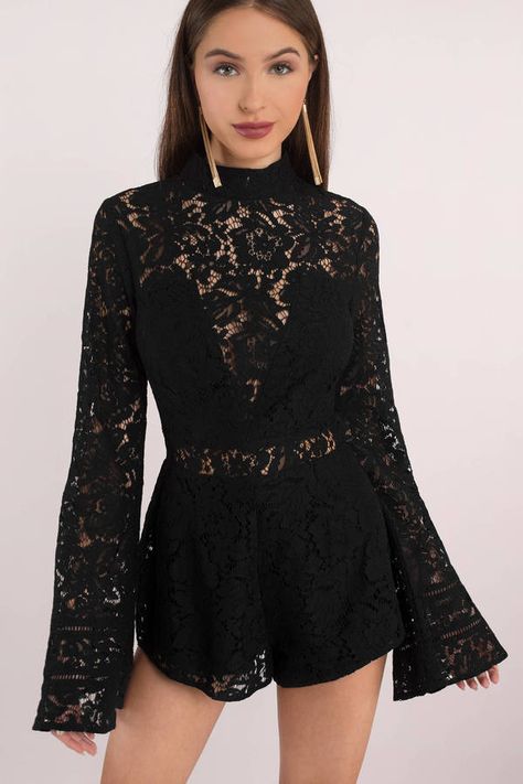 The Wilhemenia Lace Romper is a must have. Featuring a high neck. Pair with booties or espadrilles for a cute look. #shoptobi Black Romper Outfit Dressy, Romper Outfit Dressy, Black Romper Outfit, Formal Romper, Daytime Outfits, Black Lace Romper, Romper Designs, Rompers For Women, Dressy Shorts