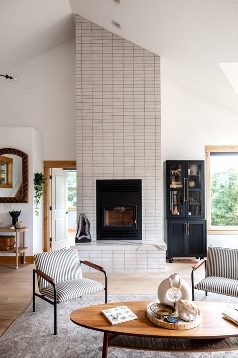 Fireplace White Tile, Modern Fireplace Brick, White Fireplace Brick, Caitlin Shoemaker, Scandinavian Fireplace Ideas, Modern Brick Fireplace, Mid Century Modern Fireplace, Mid Century Fireplace, Fireplace Tile Ideas