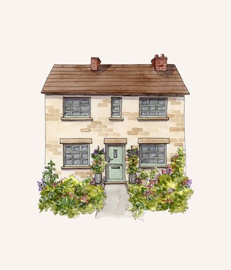 Digital House Illustration, Watercolour Houses Simple, Watercolour House, Urban Illustration, House Watercolor, Custom Housewarming Gift, Watercolor House Painting, Illustration Process, Building Painting