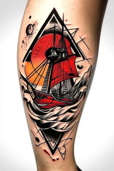 Tattoo idea: A pirate ship sailing on rough seas bold and adventuro 1 Symmetrical Tattoo, Ship Sailing, Samurai Helmet, New Tattoo Designs, Rough Seas, 3 Tattoo, Traditional Japanese Tattoos, Take Me To Church, 3d Tattoos