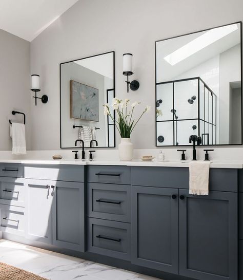 Farmhouse Bathroom Ideas Black And White, Bathroom Black Hardware Ideas, Black And Grey Master Bath, Gray Cabinet Black Hardware Bathroom, Black Finishes In Bathroom, Master Bath Black Accents, Grey Bathroom Cabinets Black Hardware, Black Cabinetry Bathroom, Narrow Main Bathroom