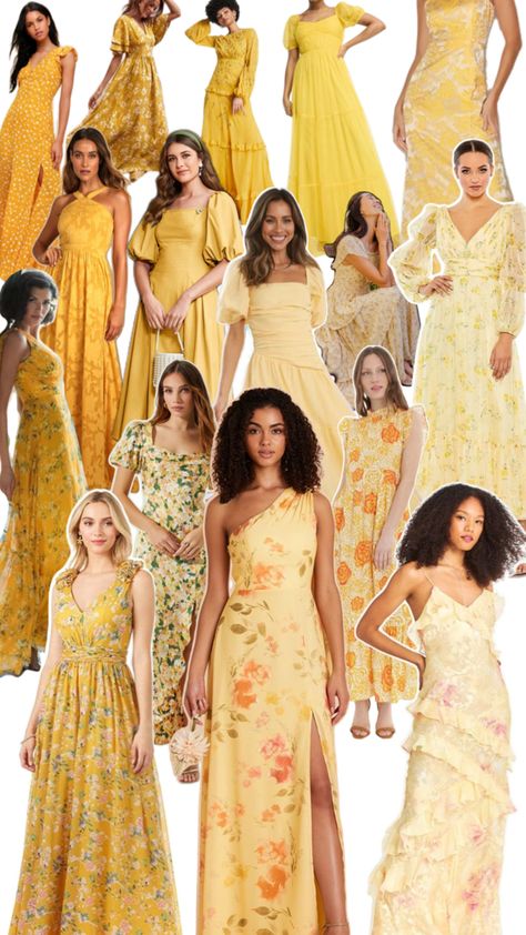 Yellow Bridesmaids Dresses for garden party wedding, wildflower spring wedding inspiration aesthetic collage, floral yellow bridesmaids dress, solid yellow bridesmaids dress Yellow Bridesmaid Dresses Mismatched, Yellow Bridesmaids Dress, Yellow Bridesmaids Dresses, Beach Wedding Guest Attire, Floral Bridesmaids, Wedding Dress Aesthetic, Party Dress Codes, Yellow Wedding Dress, Garden Party Outfit