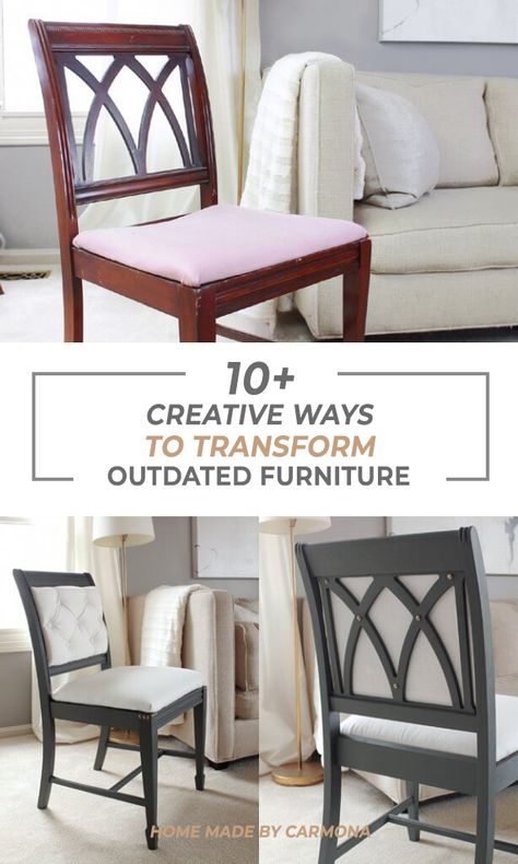 Breathe new life into old pieces with these creative ways to transform your outdated furniture! Instantly modernize furniture with these clever hacks | Home Made by Carmona Vintage Chairs Makeover, Update Furniture, Upcycle Chair, Porch Chairs, Chair Makeover, Old Chair, Diy Furniture Renovation, Furniture Renovation, Clever Hacks