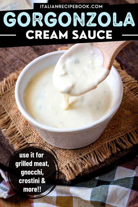 This 5-minute Gorgonzola cream sauce is made with only 3 ingredients! Use it to season pasta, gnocchi, serve with juicy steak, roasted vegetables and even as a dipping sauce! Gorgonzola Cream Sauce Steak, Savory Steak Gorgonzola Alfredo With Creamy Parmesan Sauce, Steak Cream Sauce, Gorgonzola Cream Sauce, Gorgonzola Pasta, Pasta Veggies, Pasta Gnocchi, Gorgonzola Sauce, Walnut Sauce