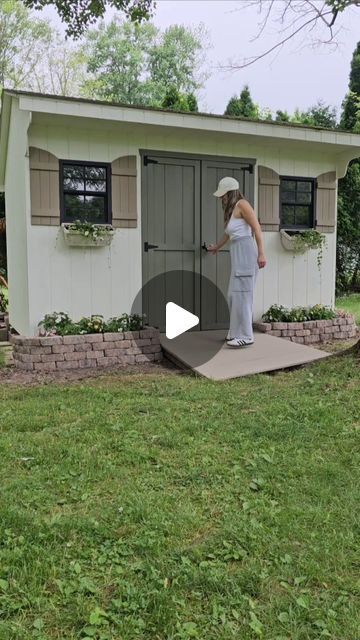 Cynthia Harper on Instagram: "✨️ MY EUROPEAN-INSPIRED SHED DREAMS HAVE COME TRUE ✨️ Thanks to @benjaminmoore and some late night pinterest scrolling, my shed got a whole new lease on life.  I built these European-inspired shutters and used the new Woodluxe Water-Based Solid in Alexandria Beige HC-77 on them and on my old wooden ramp too.  What a difference 😍  #benjaminmoore #woodluxe #exteriorstain #sponsored" Shed Siding Ideas Exterior, Shed Siding Ideas, Pinterest Scrolling, Tiny She Shed, Shed Landscaping Ideas, Shed Exterior Ideas, She Shed Interior, Wooden Ramp, Painted Shed