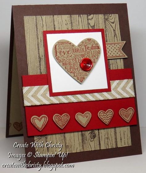 handmade Masculine Valentine's Day Card by StampinChristy  ... browns and red ... stamped woodgrain ... little hearts  ... Stampin' Up! Masculine Valentine Cards, Stampin Up Valentine Cards, Valentines Day Cards Handmade, Language Of Love, Valentine Love Cards, Valentine Cards Handmade, Handmade Valentine, Valentine Cards, Masculine Cards