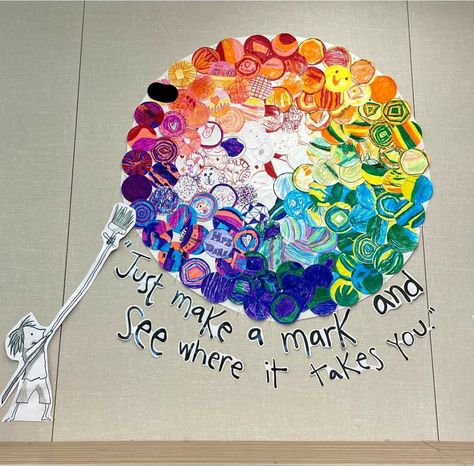 Bulletin Board Art Display Student Work, Bulletin Boards Art Display Student Work, Dot Day Bulletin Board, Collaborative Art Bulletin Boards, Kindness Collaborative Art, The Dot Collaborative Art Project, Wellbeing Space, The Dot Book, Teach Peace