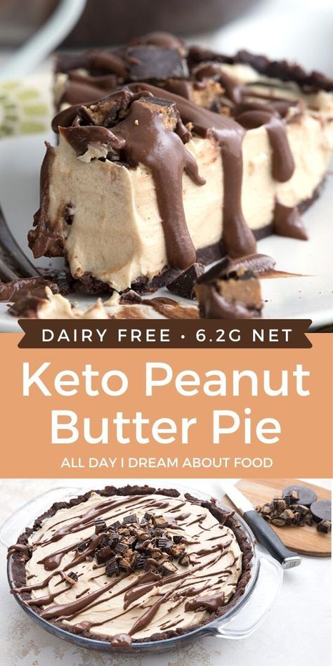 Creamy and rich, this Keto Peanut Butter Pie is completely dairy-free too! A low carb dessert for peanut butter lovers. Keto Peanut Butter Pie, 0 Carb Desserts, Keto Quiche, Dairy Free Keto Recipes, Keto Pancakes, Postre Keto, Dessert Simple, Keto Dessert Easy, Low Carb Low Sugar