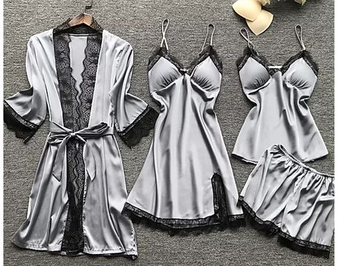 Pijamas Women, Pyjama Satin, Silk Nightwear, Belted Robe, Satin Sleepwear, Summer Pajamas, Cami Set, Satin Pyjama Set, Sleepwear Sets