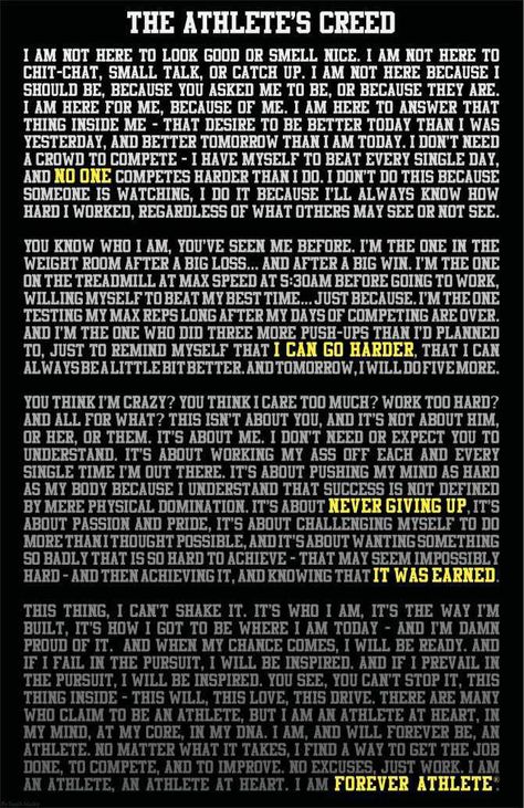 the athlete's creed Athletes Prayer, Best Sports Quotes, Track Quotes, Inspirational Sports Quotes, Athlete Motivation, Athlete Quotes, Gymnastics Quotes, Softball Quotes, Volleyball Quotes