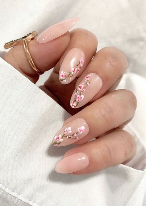 Cherry Blossom Nails Design, Cherry Blossom Nails Art, Festive Nail Designs, Cherry Blossom Nails, Floral Nail Designs, Cute Nail Art Designs, Almond Nails Designs, Nails Spring, Spring Nail Art