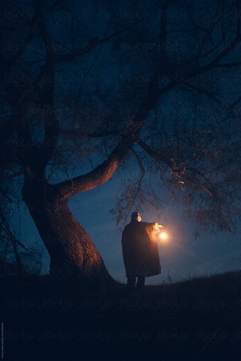 Man with lantern walking through haunted landscape in the dark night Landscape Night Photography, Lantern Aesthetic Dark, Night Lighting Reference, Holding Lantern Reference, Light In The Dark Aesthetic, Dark Forest Aesthetic Night, Man In Darkness, Night Forest Aesthetic, Dark Concept Photography