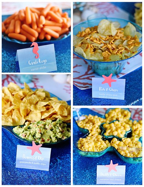 Under the Sea Party - Food Buffet Table, Ocean Food Theme, Liesl's 7th Birthday Party Sea Party Food, Mermaid Birthday Party Food, Mermaid Party Food, Ocean Food, Ocean Birthday Party, Shark Themed Birthday Party, Ariel Birthday, Ocean Birthday, Food Buffet