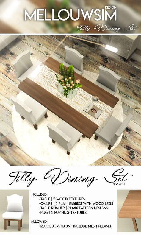 Tilly Dining Set | mellouwsim Long Dinning Table, Sims4 Build, Big Dining Table, Large Round Dining Table, Furniture Cc, Diner Table, Sims 4 Kitchen, Faux Sheepskin Rug, Cc Furniture