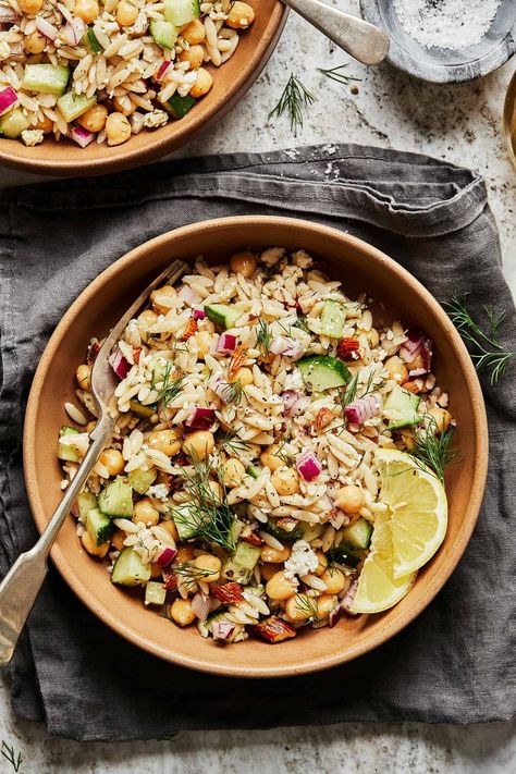 Chickpea Orzo Salad with Lemon-Dill Dressing - Kalejunkie Salad Recipe With Chickpeas, Chickpea Orzo, Recipe With Chickpeas, Salad With Chickpeas, Summertime Salads, Vegan Feta Cheese, Dill Dressing, How To Cook Orzo, Lemon Dill