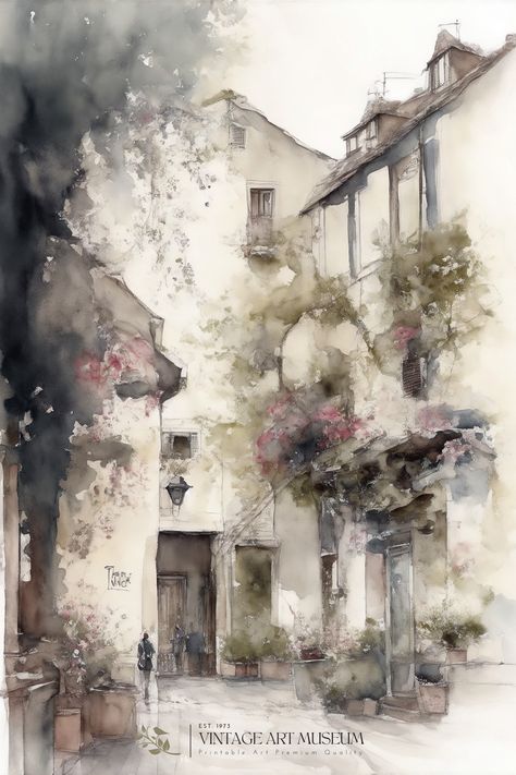 Elevate your decor with our Antique Watercolor Painting – a timeless piece that adds rustic charm to any room. Download it now and bring the allure of a French courtyard to your space. Capture the beauty of a French courtyard in your own space with our Antique Watercolor Painting. 🇫🇷✨ #VintageDecor #RusticCharm Classical Art Watercolor, Vintage Watercolor Paintings, Andy Evansen, Impressionist Watercolor, French Courtyard, Courtyard Wall, French Country Art, Street Landscape, Dreamy Watercolor