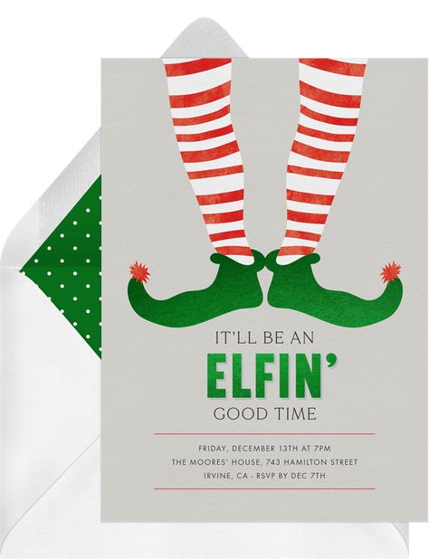 Elfin' Good Time Invitations in Grey | Greenvelope.com Company Christmas Party Ideas, Holiday Party Design, Company Christmas Party, Marriage Announcement, Holiday Party Themes, Christmas Trivia, Business Holiday Cards, Christmas Party Themes, Business Invitation