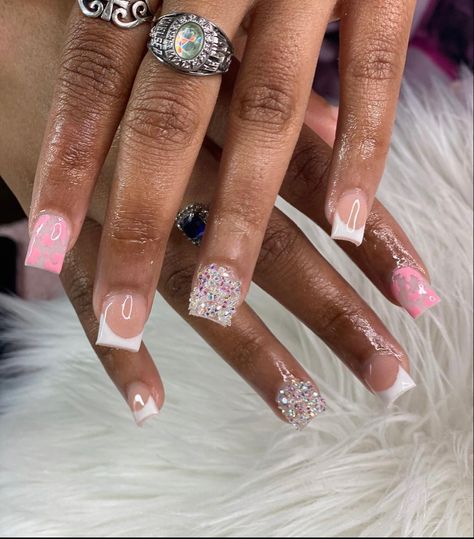 Birthday Nail Ideas Acrylic Short, Cute Birthday Nails Short, Pink Birthday Nails Short, Short Dope Nails, Short Overlay Nails, Nail Overlay Ideas, Short Bling Acrylic Nails, Short Pink French Tip Nails, Pink Short Acrylic Nails